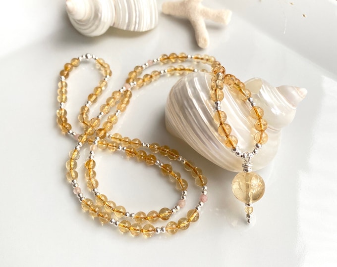 Dainty mala made of citrine (used; AA) decorated with silver and rose quartz, 108 beads, prayer beads "joy of life and self-confidence"