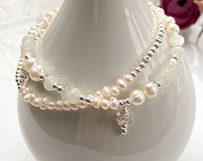 Double row bracelet made of moonstone, sterling silver and freshwater pearls