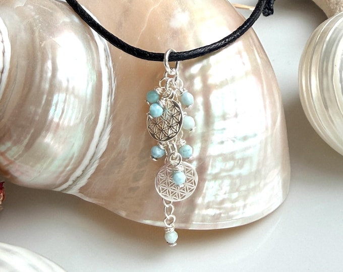 Larimar - Sterling silver pendant with the Flower of Life cluster, pendant in the shape of a wreath