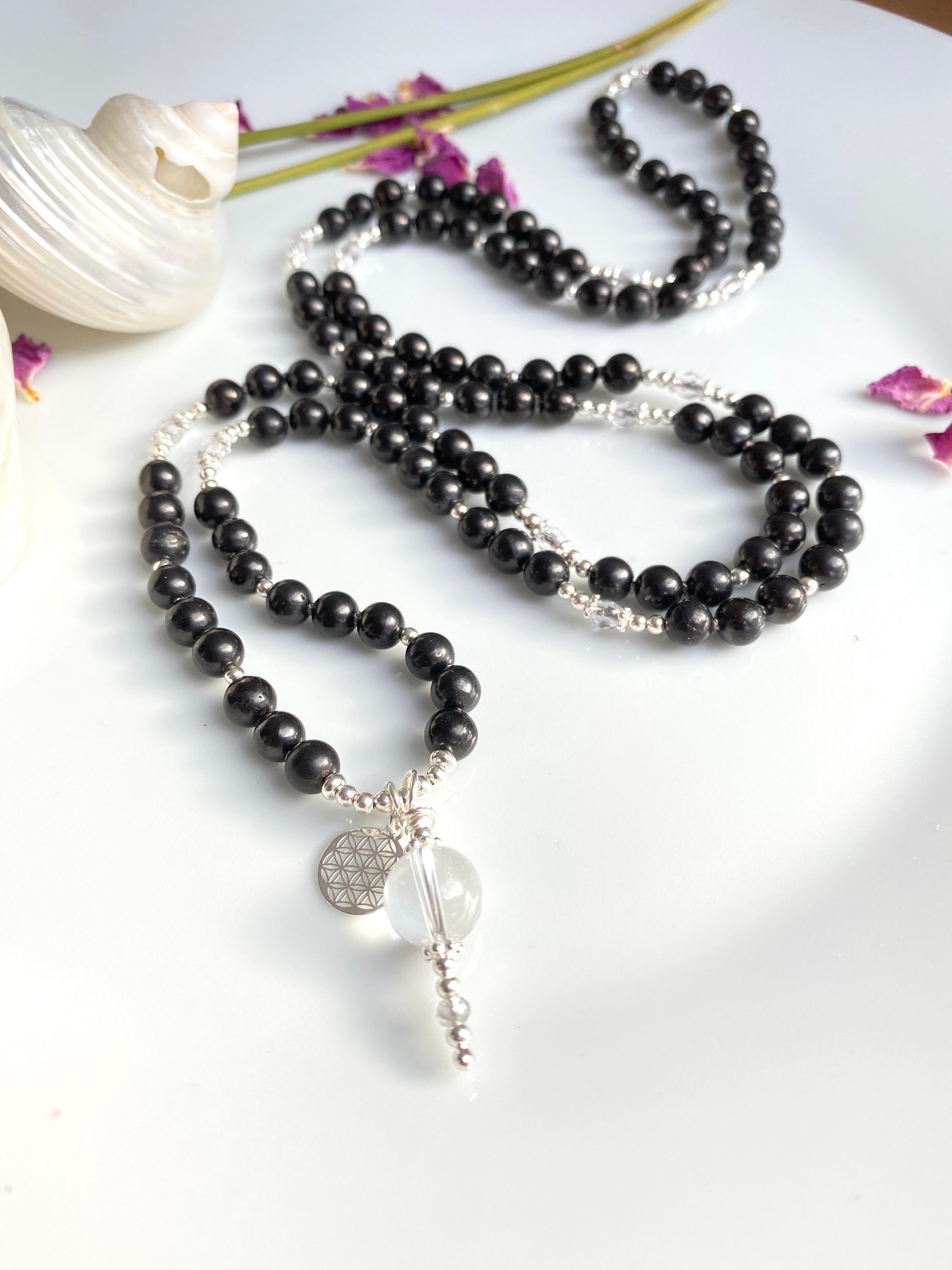 Mala made of shungite, decorated with silver and rock crystal, final ...