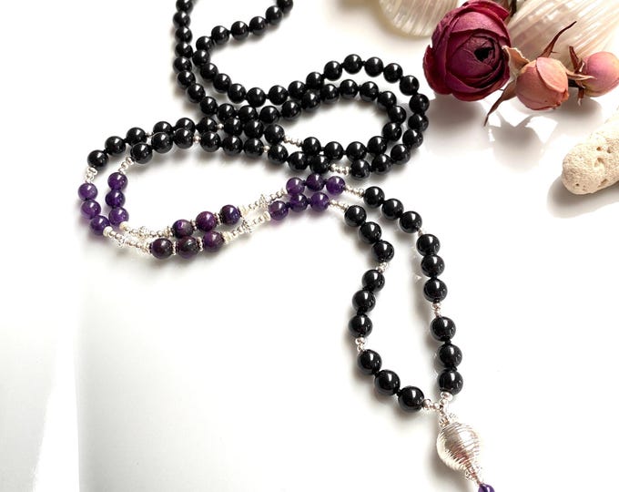 Mala made of sugilite, amethyst, and black tourmaline, decorated with sterling silver, yoga jewelry, powerful prayer beads for men and women