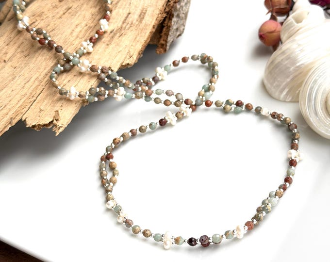 Tantric Mala necklace made of anhydrite in matrix, freshwater pearls and sterling silver "Nature and stability", tantric yoga necklace with 416 beads