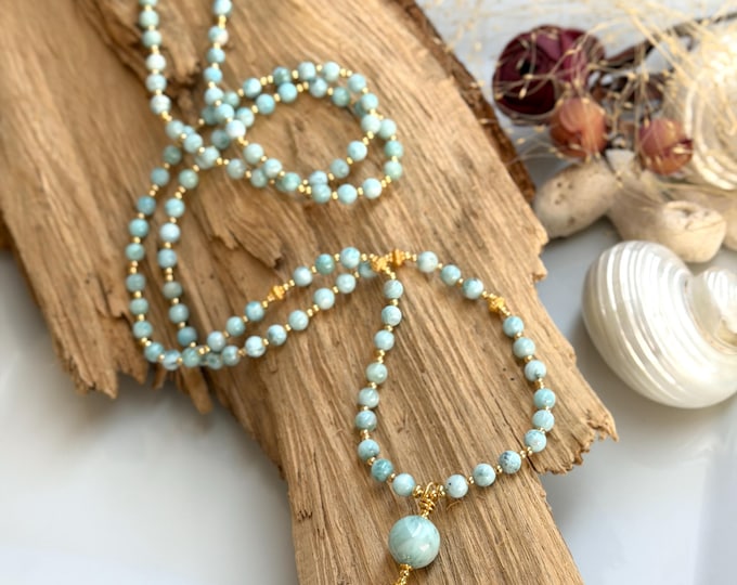 Mala necklace made of 5 mm Larimar and gold-plated silver, Larimar guru bead, precious, delicate prayer beads, yoga jewelry