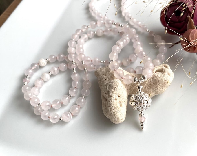 Calcite pink mala necklace, decorated with morganite and sterling silver (925), prayer beads with 108 beads, yoga jewelry