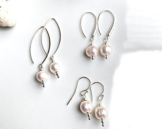 White pearl earrings with sterling silver (925) in three variations, gift for women, yoga jewelry