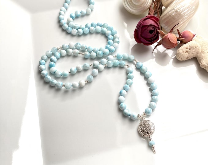 Larimar mala, decorated with silver, flower of life bead, yoga jewelry, prayer beads, necklace for jewelry enthusiasts