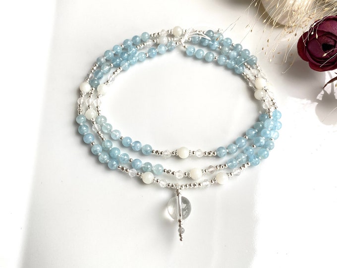 Mala made of aquamarine, white moonstone and rock crystal, decorated with silver, rock crystal bead, prayer beads, long necklace