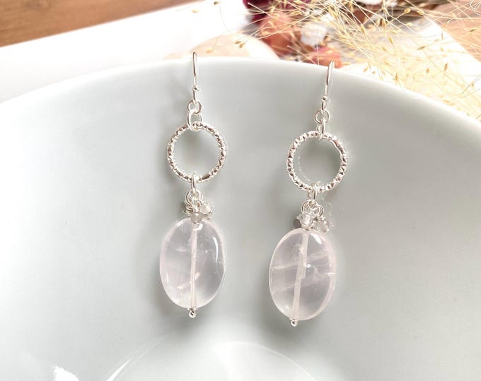 Long earrings with rose quartz and sterling silver, statement jewelry, handmade gemstone earrings with clusters and chakra crystals