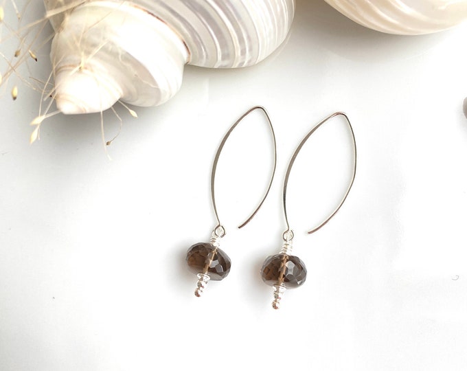 Smoky quartz and silver earrings, navette shape, sparkling gift for women