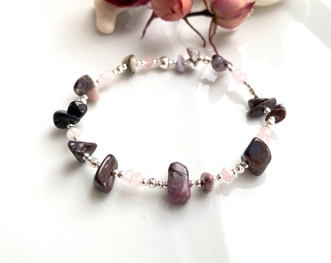 Bracelet made of morganite, sugilite and accompanying minerals with silver (925), casual, made of splinters, gift for jewelry enthusiasts, yoga jewelry