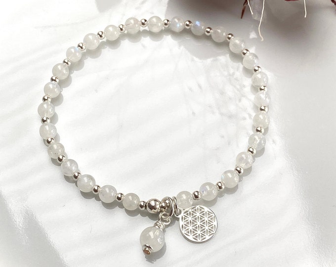 Mini Mala aus weißem Labradorit (A) verziert mit Silber und der Blume des Lebens - Anhänger, Armband, Gebetskette, Yoga-Schmuck