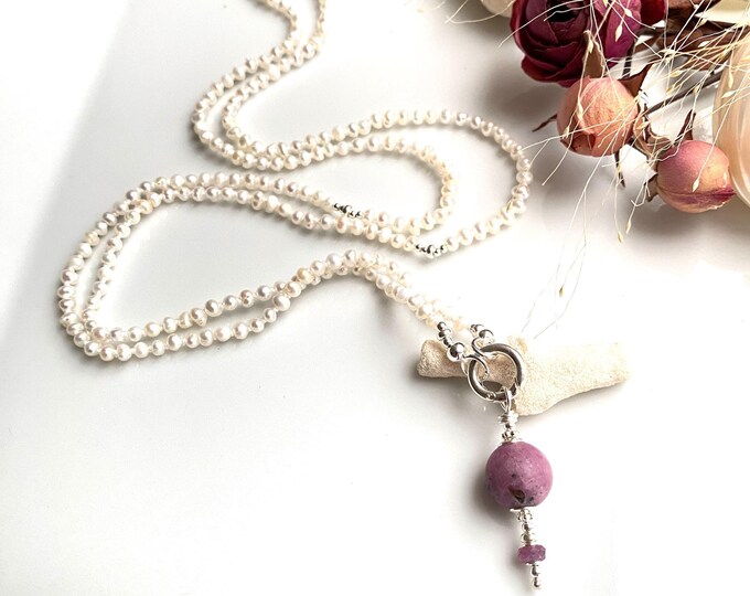 Delicate freshwater pearl necklace with modular ring and ruby pendant in sterling silver, amulet necklace, yoga jewelry