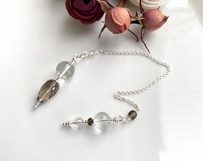 Pendulum made of smoky quartz and rock crystal with sterling silver, handmade, radiesthesia, small gift for the psychic