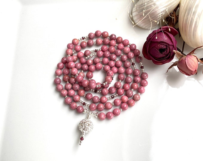 Rhodonite mala, decorated with sterling silver (925) and violet garnet, closing bead made of silver, prayer chain with 108 beads