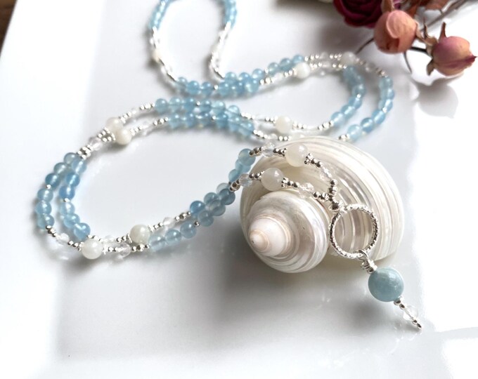 Mala made of aquamarine, white moonstone and rock crystal and silver (925), guru bead aquamarine, necklace and prayer necklace with 108 beads