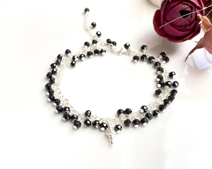 Bracelet made of black tourmaline, schorl and silver, gift for women with charm pendants, protective bracelet, yoga jewelry
