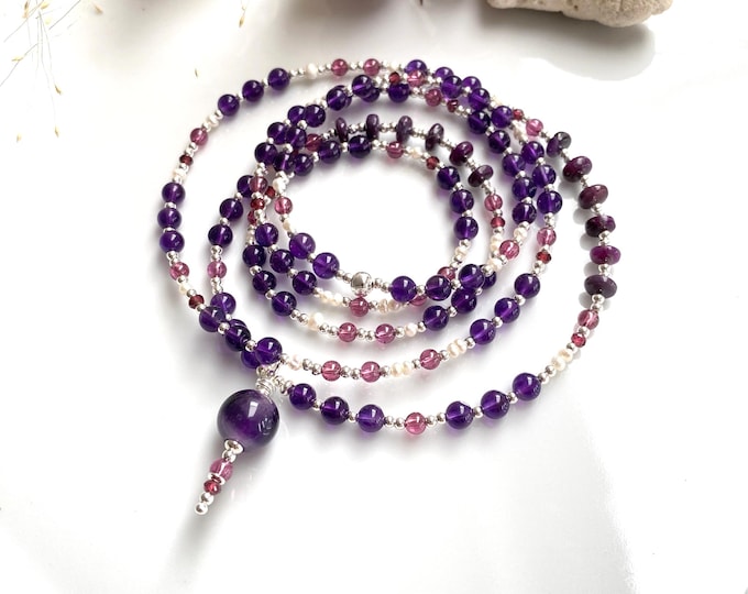 Mala necklace with amethyst, sugilite, garnet, decorated with garnet, freshwater pearls and silver, yoga jewelry with natural luvulite