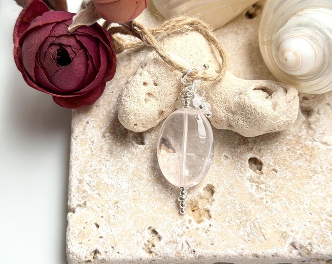 Jewelry - Rose quartz pendant, sterling silver with white labradorite charms, statement jewelry, gift with chakra crystals