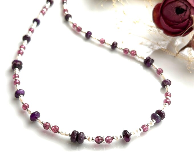 Sugilite necklace with rhodolite, freshwater pearls and silver (925), gift for jewelry lovers, yoga jewelry