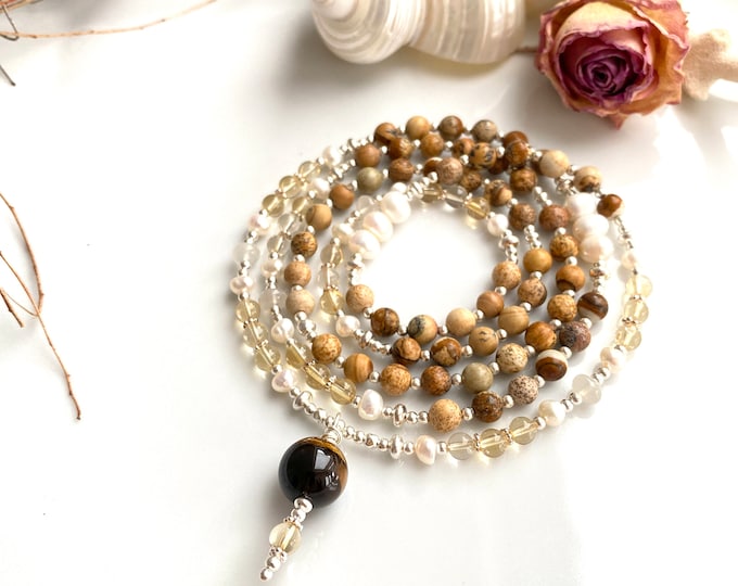 Mala made of picture jasper, citrine, moonstone and freshwater pearls, final pearl tiger's eye, prayer chain