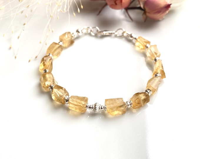 Bracelet made of raw citrine and sterling silver 925, handmade from yellow stones