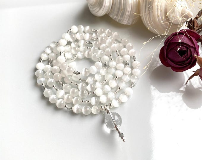 Long mala necklace made of selenite 6 mm with silver, rock crystal bead, prayer beads made of 108 rare healing stones, yoga jewelry