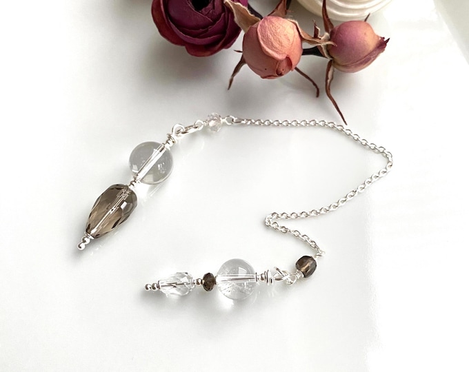 Pendulum made of smoky quartz and rock crystal with sterling silver, handmade, radiesthesia, small gift for psychics