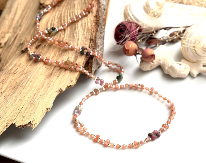 Tantric Mala necklace made of sunstone, colorful tourmaline and sterling silver, "Celebrating Life", tantric yoga necklace with 416 beads