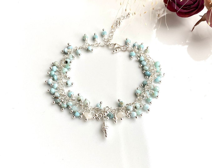 Bracelet made of Larimar, Moonstone and Silver Sterling, Jewelry with Charms, Handmade Charm Bracelet, Precious Gift for Women