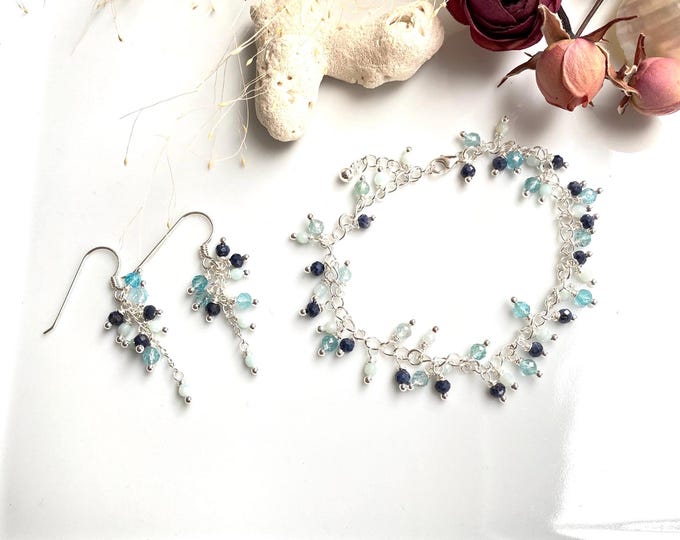 Bracelet and/or earrings made of blue sapphire, apatite, amazonite and silver, charm bracelet with charms, gift for jewelry enthusiasts