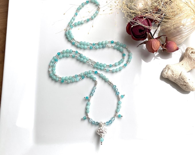 Dainty mala made of amazonite and apatite, with silver and charms, end element ornamental pearl silver, prayer beads, meditation, yoga jewelry