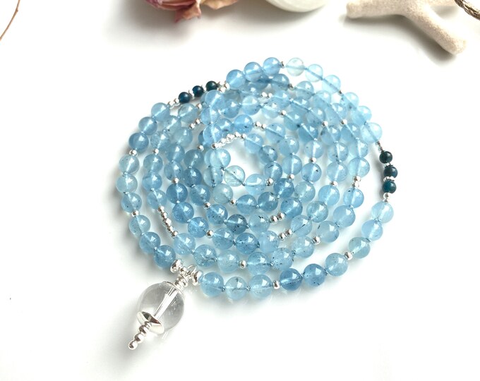 Mala made of aquamarine A, decorated with silver sterling and apatite blue, final pearl rock crystal, noble prayer chain made of healing stones