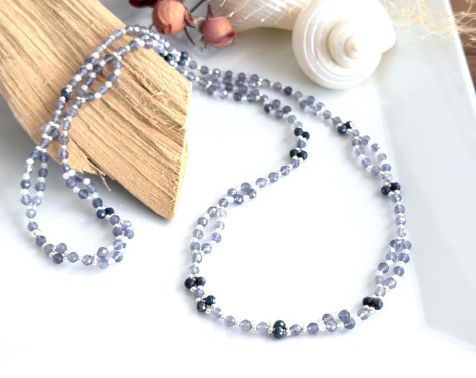 Tantric Mala Kette aus Iolith, Saphir blau, weißem Labradorit und Silber Sterling "Innere Ruhe", tantrischer Yoga-Schmuck mit 416 Perlen