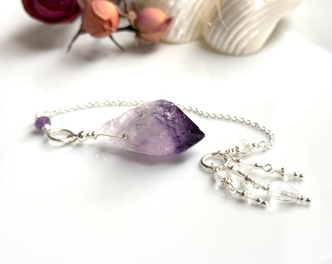 Pendulum made of raw amethyst with sterling silver and rock crystal, handcrafted gemstone pendulum, dowsing, gift for the psychic