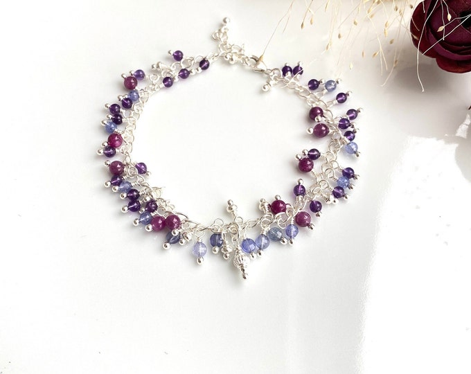 Exceptional bracelet made of ruby, tanzanite, amethyst and sterling silver with many small pendants, valuable gift for women