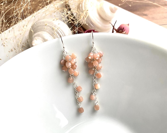 Peach Moonstone and Sterling Silver (925) Earrings, Long Drop Earrings, Grape Shape, Cluster Earrings, Gift for Women