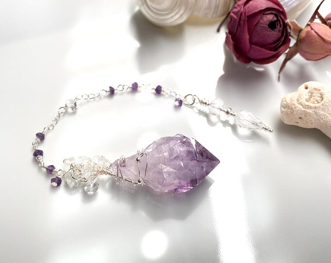 Pendel aus rohem Amethyst mit Silber Sterling, Herkimer- und Bergkristall, handgefertigt, Radiästhesie, Geschenk für Übersinnliche