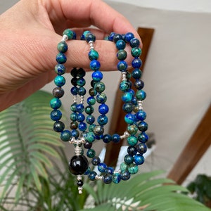Mala made of azurite malachite, decorated with silver sterling 925, final bead black tourmaline, prayer chain made of 108 rare beads image 9