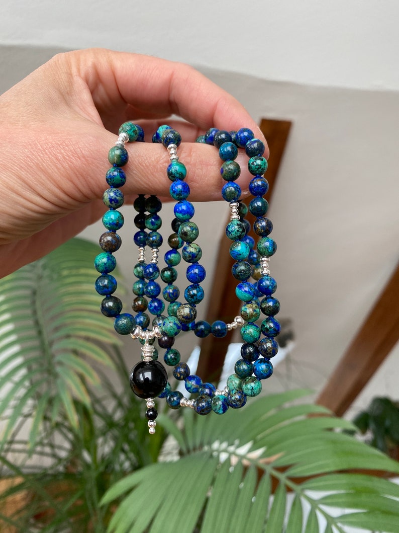 Mala made of azurite malachite, decorated with silver sterling 925, final bead black tourmaline, prayer chain made of 108 rare beads image 9