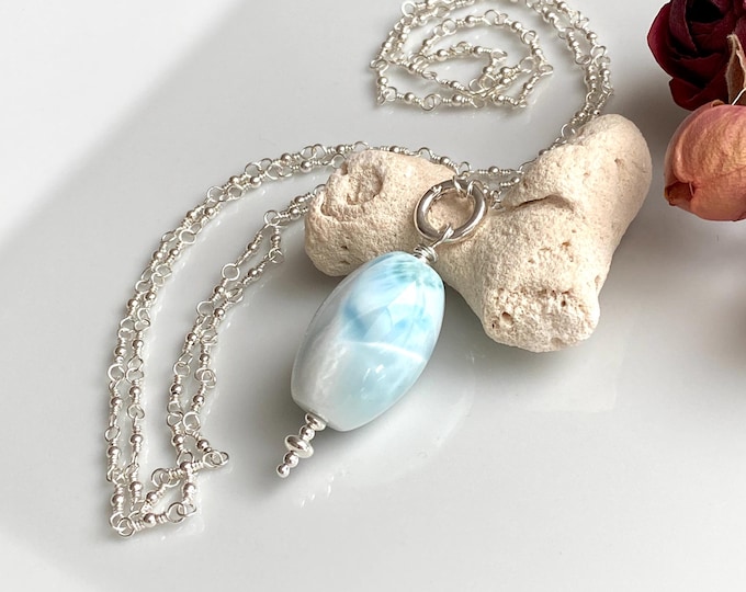 Large Larimar necklace pendant with or without a sterling silver chain, amulet necklace, yoga jewelry, precious gift for women