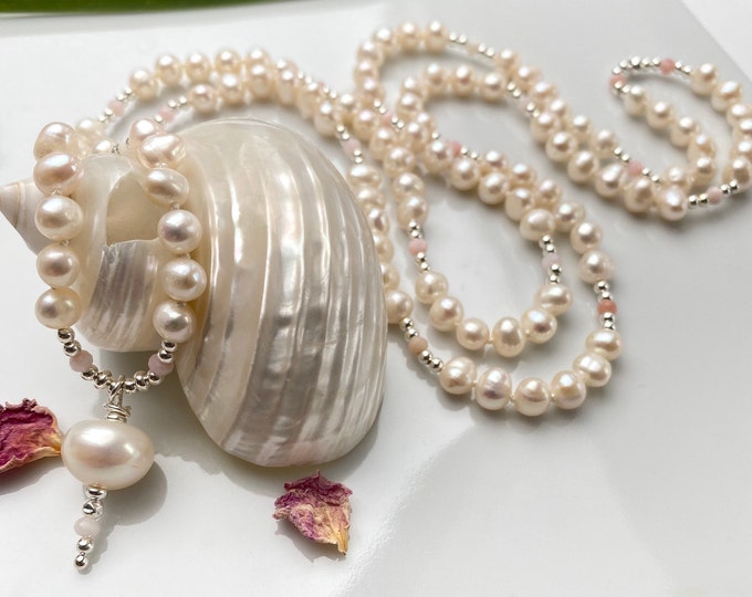 Noble mala made of white freshwater pearls, decorated with pink Andean opal and silver (925), prayer beads