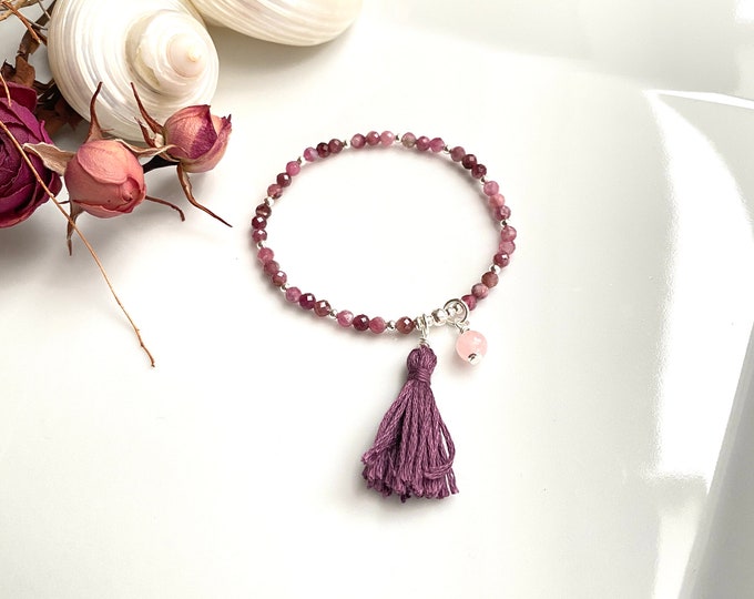 Pretty pink tourmaline faceted and sterling silver bracelet, gift for women, yoga jewelry, tassel bracelet