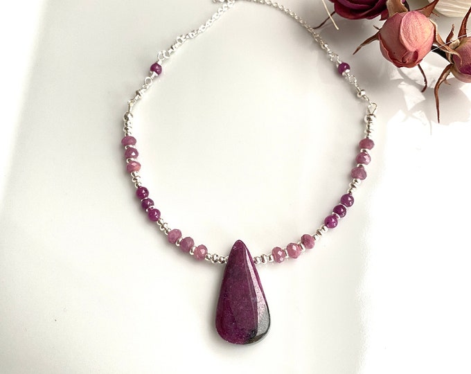 Unique ruby and silver sterling necklace, handmade one-of-a-kind piece