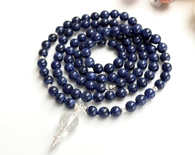 Sodalite Mala decorated with silver, rock crystal end bead, yoga jewelry, prayer beads "Courage and Clarity" for men and women