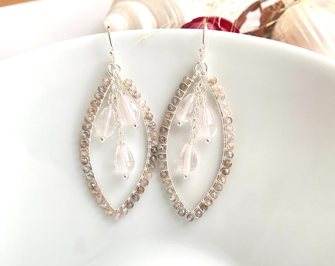 Chandelier earrings made of moonstone, rose quartz and sterling silver, hoop earrings, gift for women, gift for jewelry enthusiasts