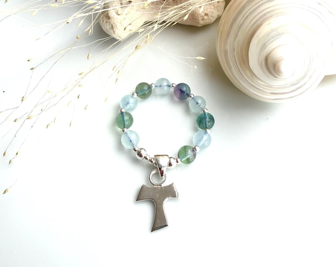 For D.: Mini rosary, finger rosary made of aquamarine and fluorite with silver and a silver (sterling) cross, handmade