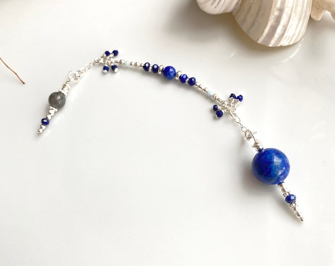 Lapis lazuli pendulum with sterling silver, larimar and labradorite, radiesthesia