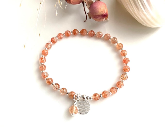 Sunstone bracelet decorated with silver and pendant with the Flower of Life, mini mala, finger mala, yoga jewelry with chakra crystals