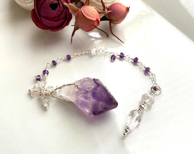 Pendulum made of raw amethyst with sterling silver, Herkimer and rock crystal, handmade, dowsing, gift for psychics