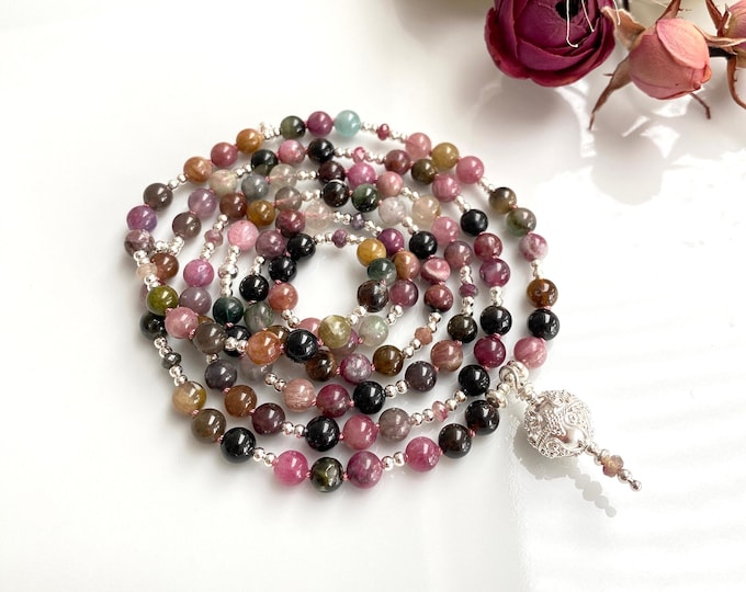 Long mala made of colorful tourmaline, decorated with sterling silver, end bead made of sterling silver, prayer chain "lust for life and activity"